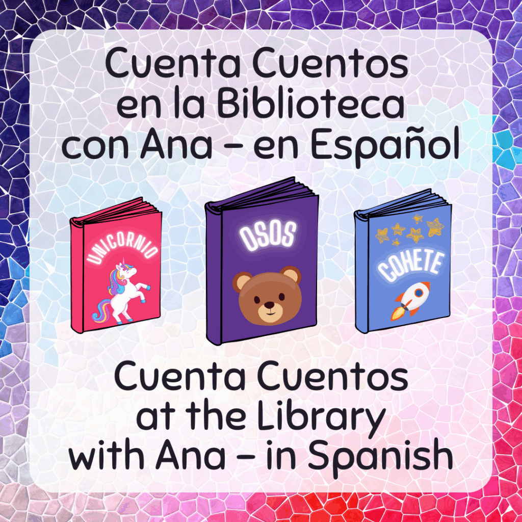 Title card for the Cuenta Cuentos program. It has graphics of three children's books with Spanish titles.