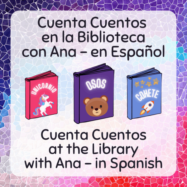 Title card for the Cuenta Cuentos program. It has graphics of three children's books with Spanish titles.