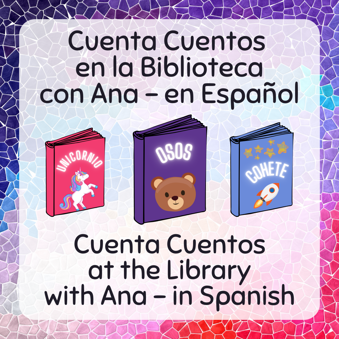 Title card for the Cuenta Cuentos program. It has graphics of three children's books with Spanish titles.