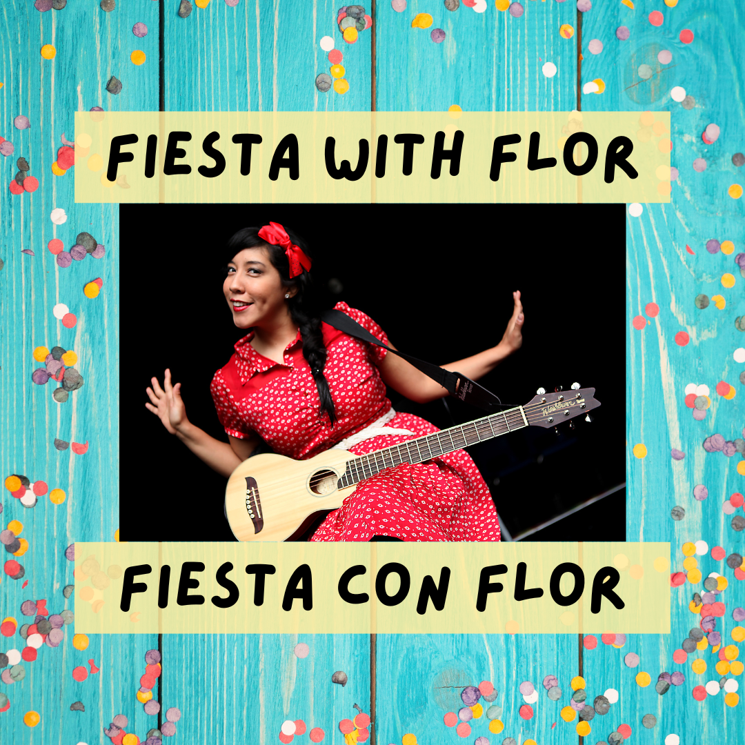 Title card for the Fiesta with Flor/Fiesta con Flor program. Flor Bromley is posing with her guitar.