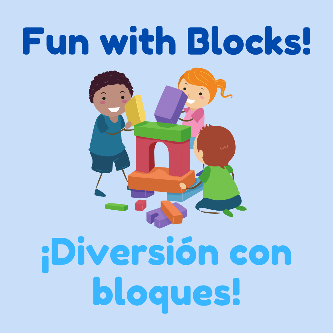 Title card for the Fun with Blocks/Diversion con bloques program. It has a graphic of three children building a structure out of colorful blocks.