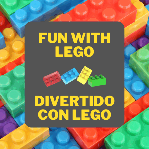 Title card for the Fun with LEGO/Divertido con LEGO program. It has graphics of colorful LEGO bricks.