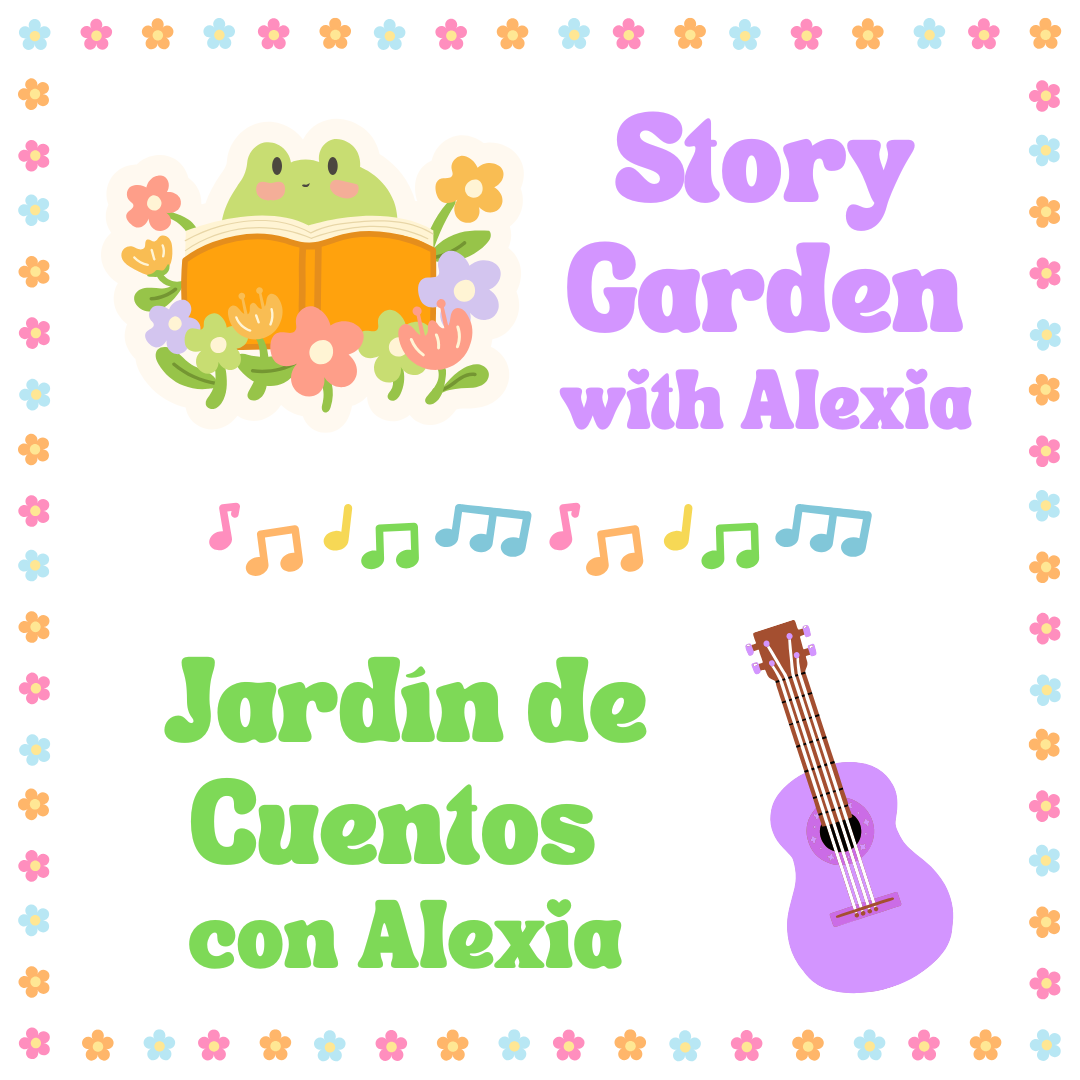 Title card for the Story Garden with Alexia/Jardin de Cuentos con Alexia program. It has graphics of a frog reading in some flowers, musical notes, and a guitar.