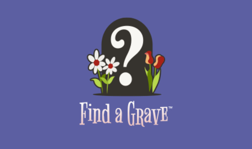 Find a Grave logo, grave with question mark and flowers on either side. Purple background