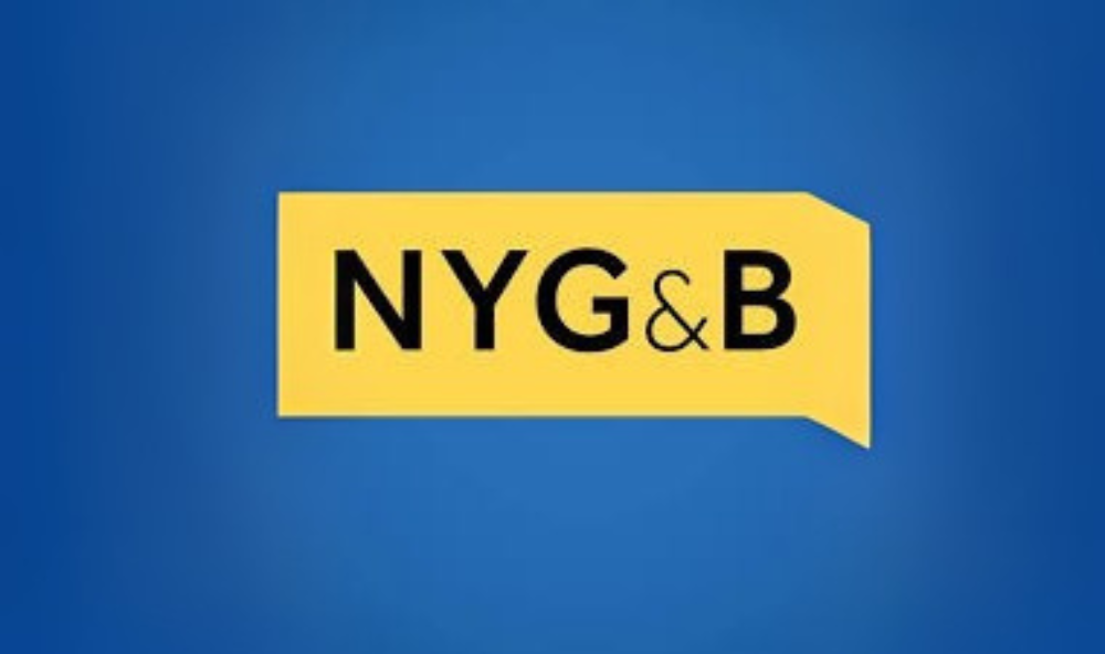 Logo for New York Genealogical and Biographical Society, yellow conversation box with ombré blue background