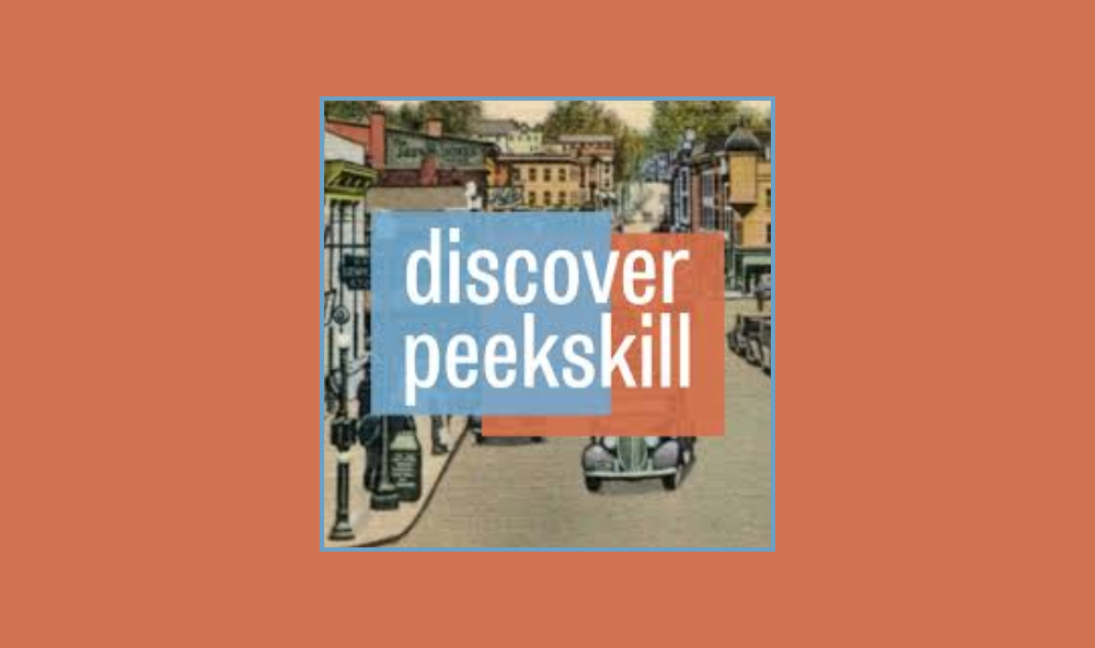 Logo for Discover Peekskill in front of an orange background