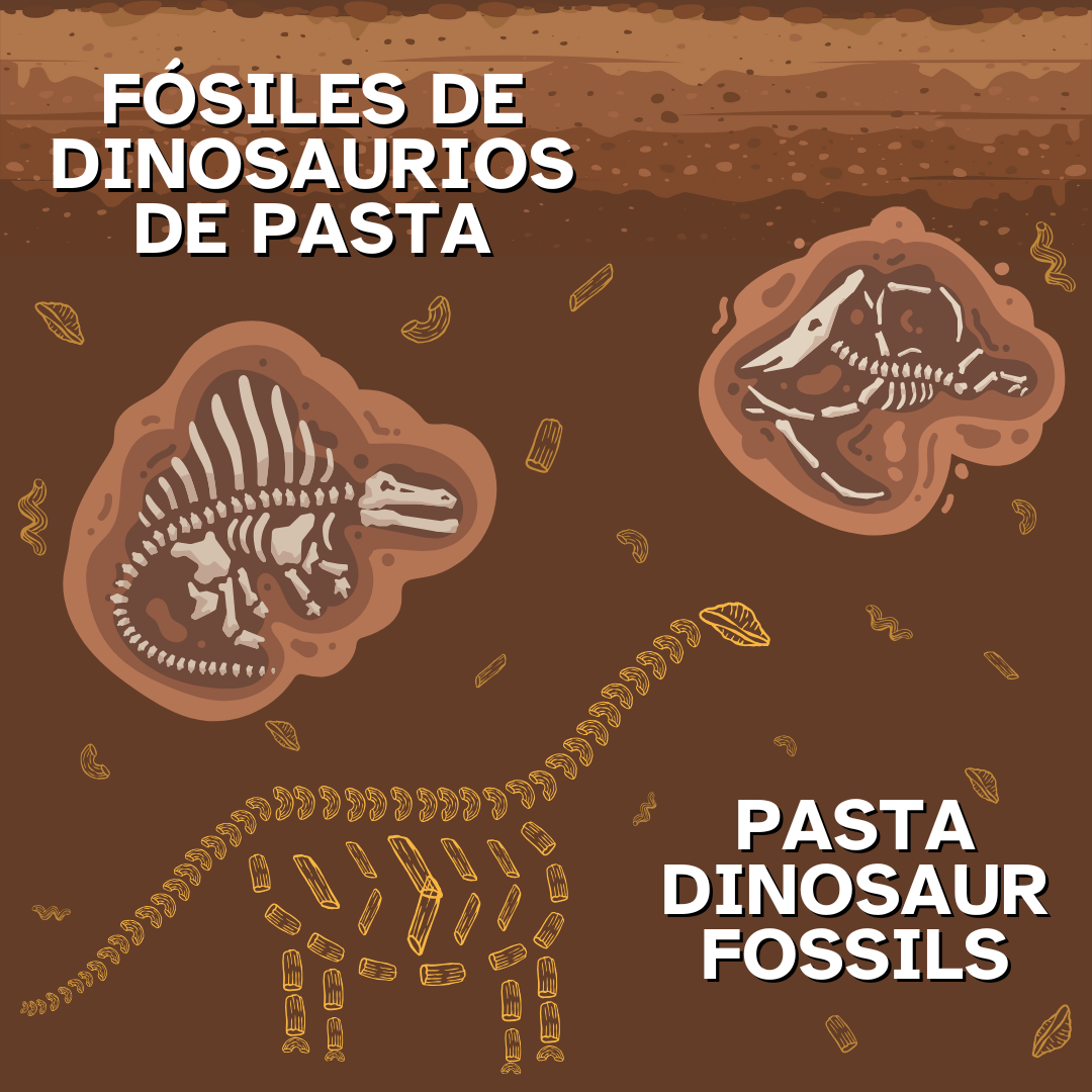 Title card for the Pasta Dinosaur Fossils/Fosiles de Dinosaurios de Pasta program. It has graphics of several dinosaur fossils, one of which is made up of different shapes of dry pasta.