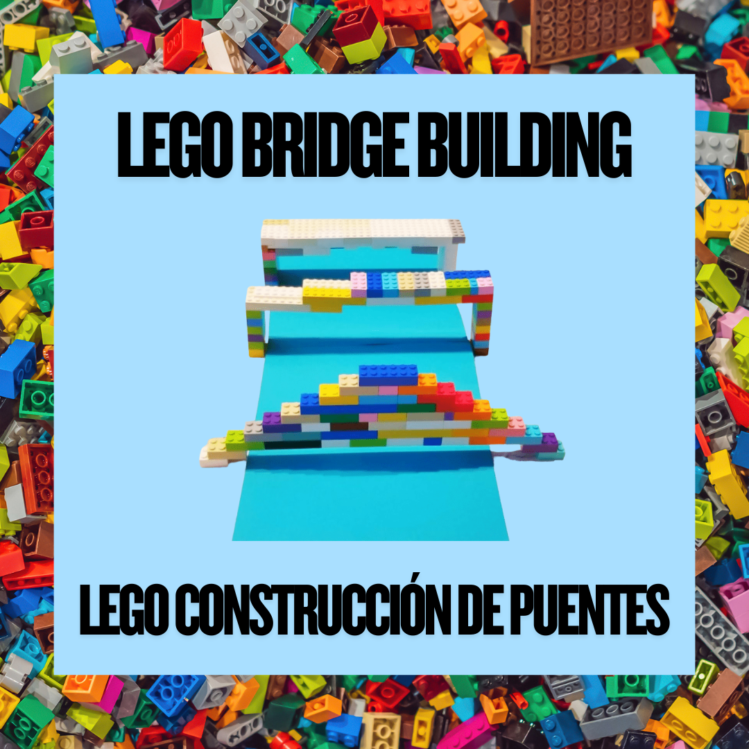Title card for the LEGO Bridge Building/LEGO Construccion de Puentes program. It has graphics of bridges built out of LEGO bricks spanning a river.