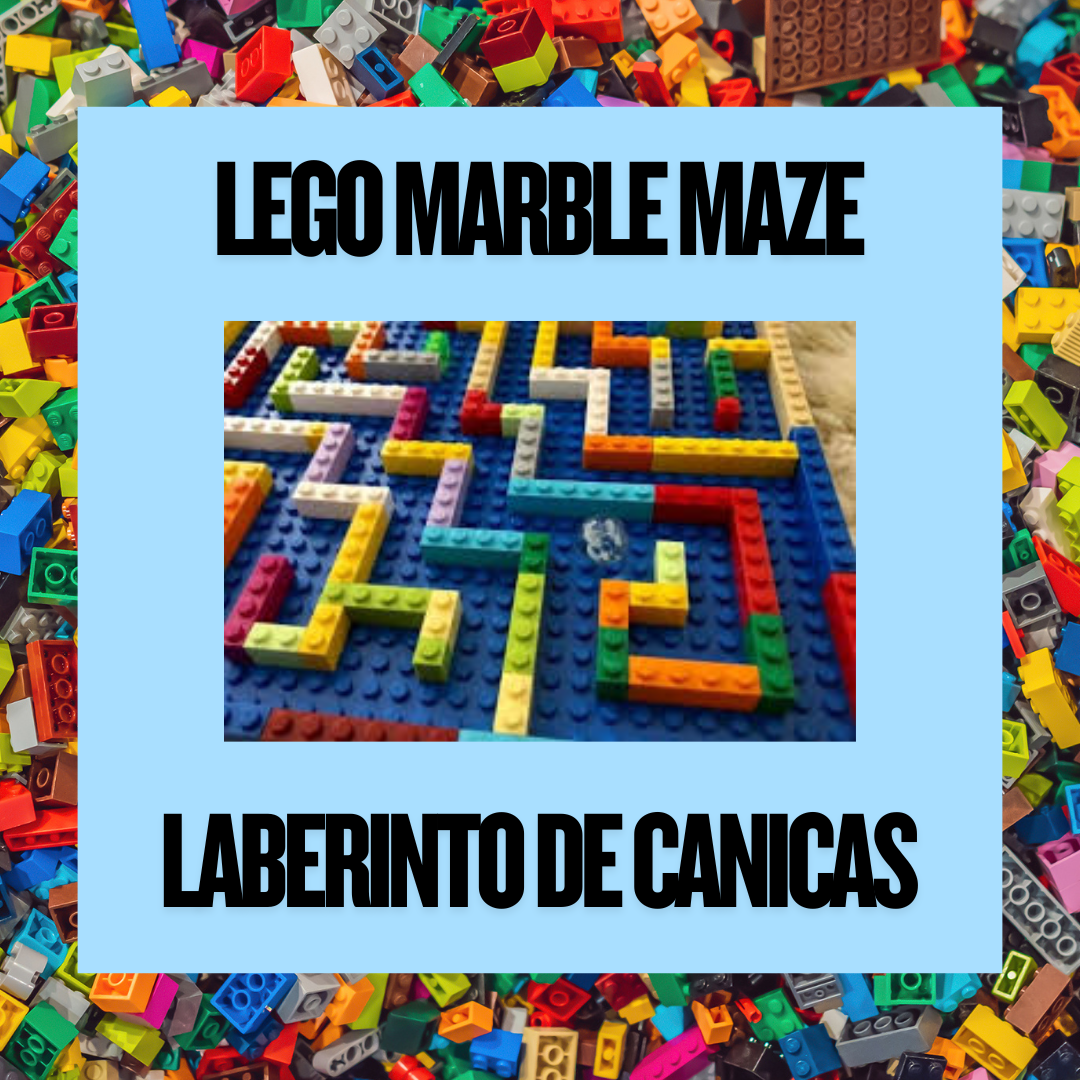 Title card for the LEGO Marble Maze/LEGO Laberinto de Canicas program. It has a photograph of a maze made out of LEGO bricks.