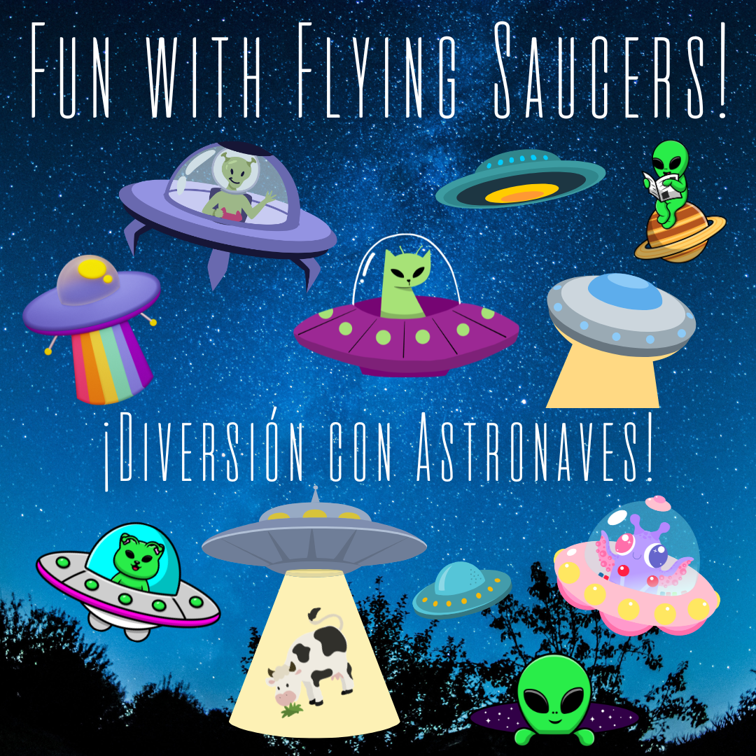 Title card for the Fun with Flying Saucers! program. It has graphics of a bunch of different flying saucers on a night sky background.