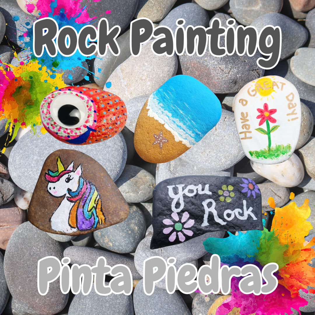 Title card for the Rock Painting/Pinta Piedras program. It has photos of different painted rocks on a background of plain rocks.