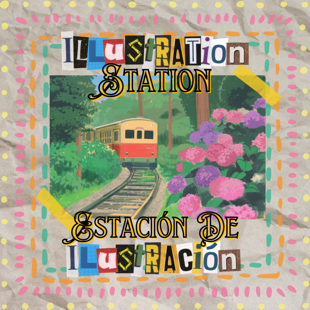 Title card for the Illustration Station/Estacion de Ilustracion program. It has and image of a train approaching a station and various graphics meant to resemble drawings.