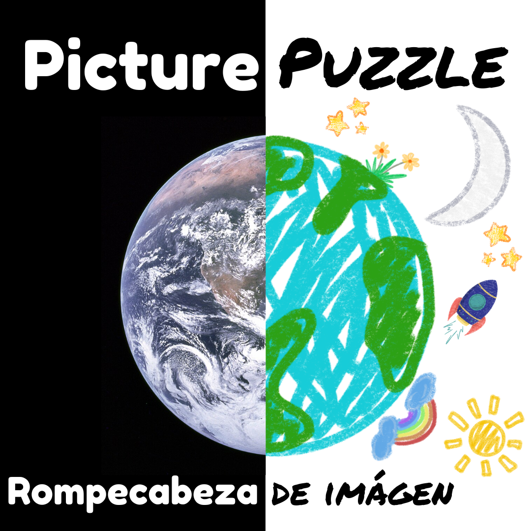 Title card for the Picture Puzzle/Rompecabeza de imagen program. It has an image of the Earth where one half is a photograph and the other half is a kid's drawing.